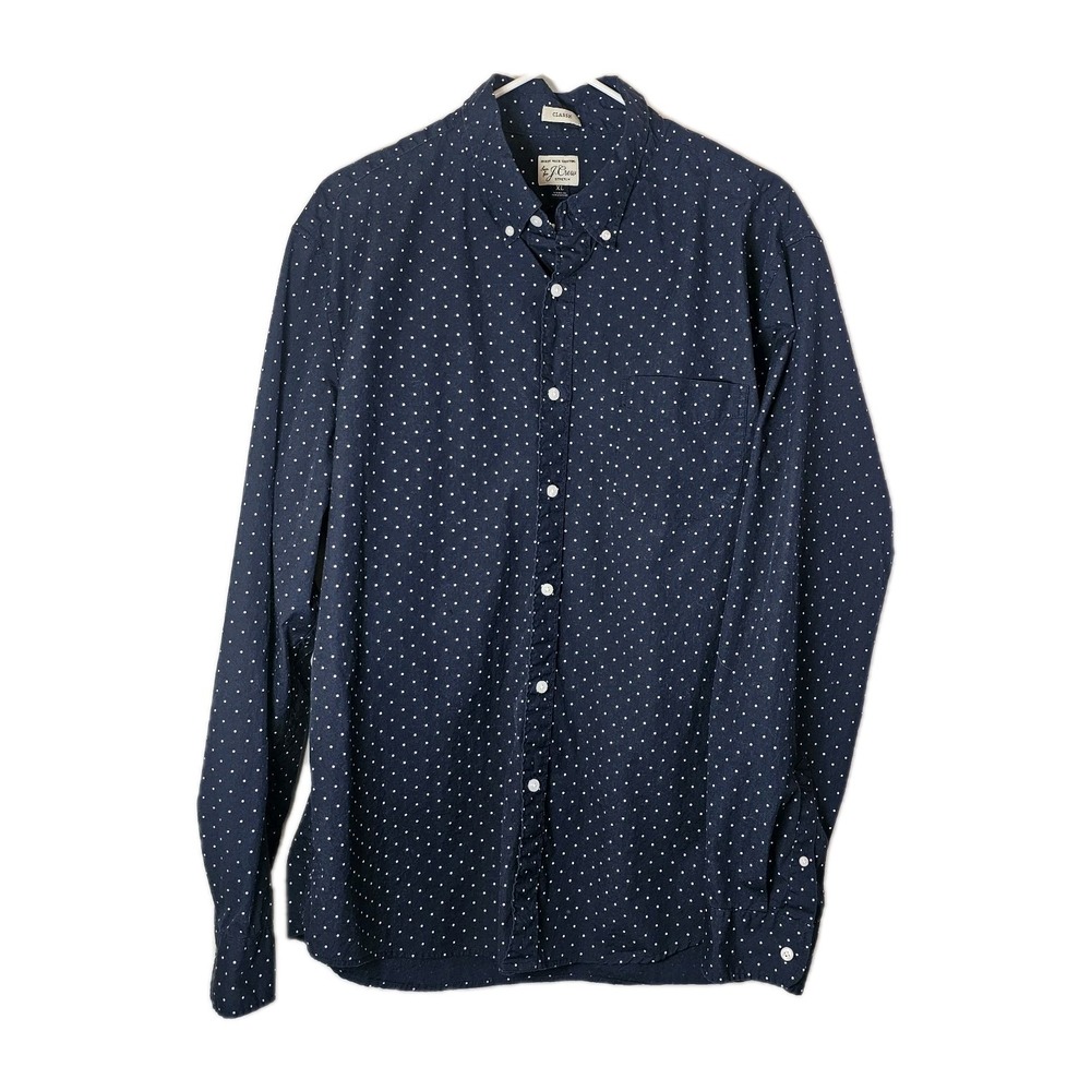 J Crew‎ Men's XL Secret Wash Navy Polka Dot Classic Stretch Cotton Button Down